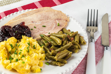 Meal plate for holiday with smoked pieces of turkey and two sides.