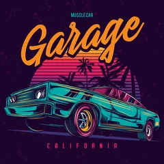 Ursprüngliche Vektorillustration eines amerikanischen Muscle-Cars im Retro-Neon-Stil. © artmarsa
