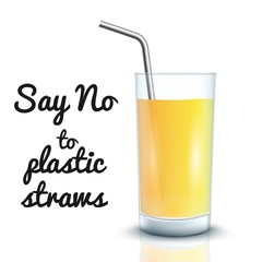 Vector no to plastic straws concept with cocktail straws in glass cup with orange or lemon juice. Environment pollustion prohibition, forbidden of disposable garbage cant be recycled.