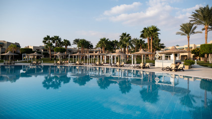 Fototapeta na wymiar Palm trees by the pool, Red Sea, Hurghada