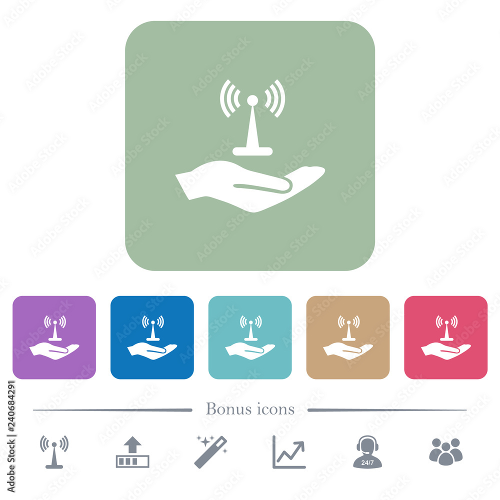 Aufkleber sharing wireless network flat icons on color rounded square backgrounds