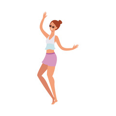 vector cartoon cute brunette, beautiful young adult woman, girl dancing at beach party in summer shorts, sunglasses on vacation. Isolated illustration