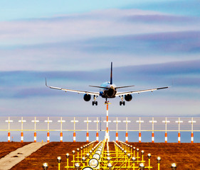 Passenger airplane jet landing on runway