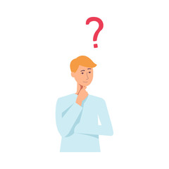 Vector young blonde man in casual clothing standing in thoughtful pose holding his chin thinking with questions above head. Isolated illustration portrait in flat style