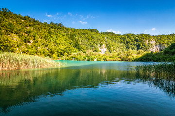 View of landscape with a lake, The Plitvice Lakes National Park, Croatia, Europe.