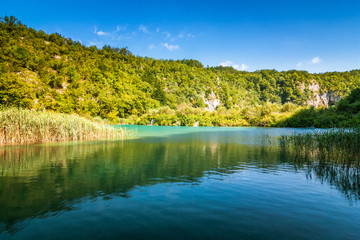 Fototapeta na wymiar View of landscape with a lake, The Plitvice Lakes National Park, Croatia, Europe.