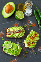 Delicious avocado toasts with beautiful toppings.