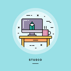 Studio, flat design thin line banner, usage for e-mail newsletters, web banners, headers, blog posts, print and more. Vector illustration.