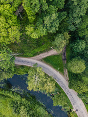 Aerial Photo of Road going by the River under the Trees, Top Down View in Early Spring on Sunny Day