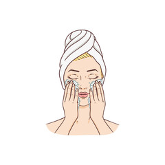 Vector young woman with towel and hairs removing make-up washing face. Face skincare treatment, cosmetic cleaning, spa products packaging design.