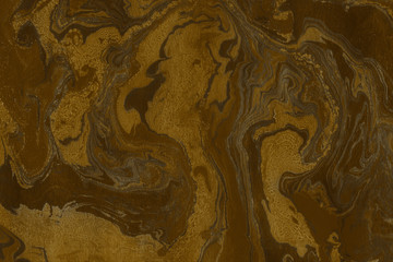 Luxury gold marble ink paper texture on dark watercolor background. Chaotic abstract organic design. Bath bomb waves.