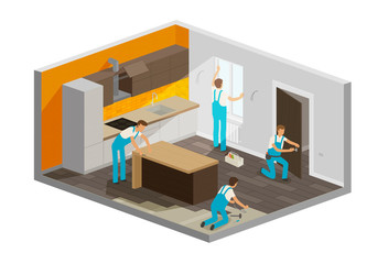 Home repair, renovation interior. Builders people work in a team, isometric vector illustration