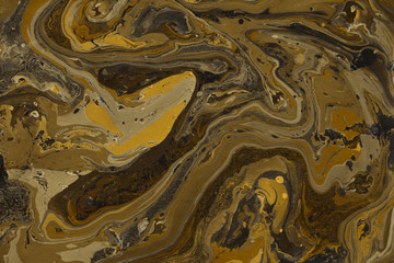Luxury gold marble ink paper texture on dark watercolor background. Chaotic abstract organic design. Bath bomb waves.