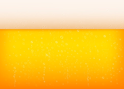 vector lager beer background. Yellow beverage with water bubbles and white thick foam. Alcohol refreshing drink backdrop for brewery packaging design.