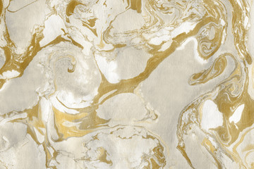Luxury gold marble ink paper texture on dark watercolor background. Chaotic abstract organic design. Bath bomb waves.