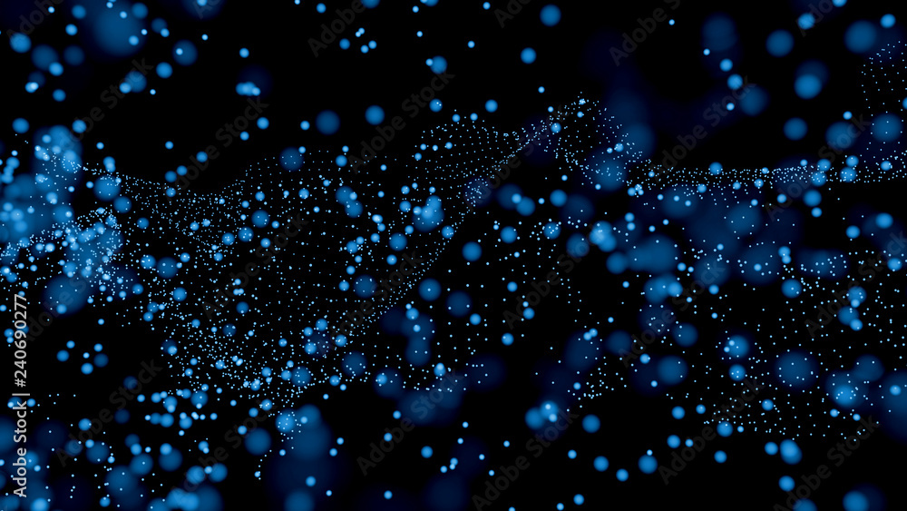 Aufkleber wave of particles. futuristic blue dots background with a dynamic wave. big data. 3d illustration