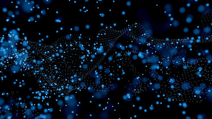 Wave of particles. Futuristic blue dots background with a dynamic wave. Big data. 3D Illustration