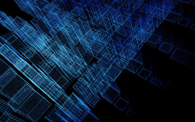 Digital matrix particles and grid in the form of a city of skyscrapers, abstract background. 3D Illustration