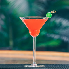 Strawberry margarita at the bar stand. Luxury vacation concept