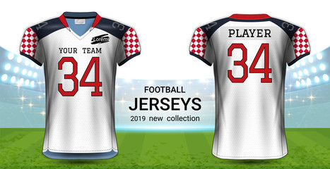 American Football or Soccer Jerseys Uniforms, Realistic Graphic Design Front and Back View for Presentation Mockup Template, Easy Possibility to Apply Your Artwork, Text, Image, Logo (Eps10 Vector)