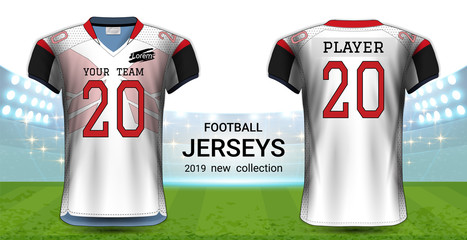 American Football or Soccer Jerseys Uniforms, Realistic Graphic Design Front and Back View for Presentation Mockup Template, Easy Possibility to Apply Your Artwork, Text, Image, Logo (Eps10 Vector)