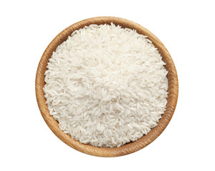 Bowl with rice on white background, top view. Natural food high in protein