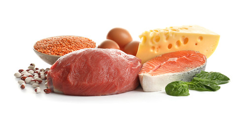 Set of natural food high in protein on white background