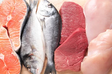 Deken met patroon Vlees Set of natural food high in protein on wooden background, top view