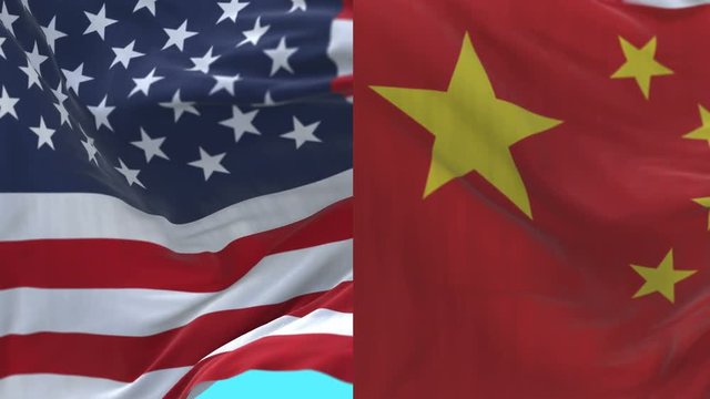 4k Seamless United States of America and China Flags with blue sky background,A fully digital rendering,The flag 3D animation loops at 20 seconds,USA US CHN CN.