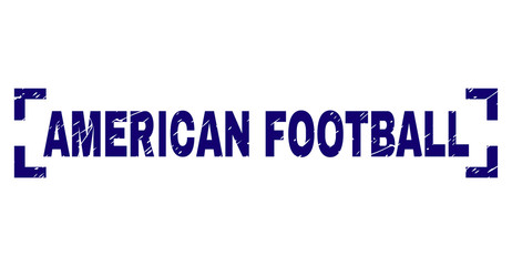 AMERICAN FOOTBALL text seal watermark with distress texture. Text caption is placed between corners. Blue vector rubber print of AMERICAN FOOTBALL with retro texture.