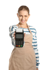 Young woman holding payment terminal isolated on white
