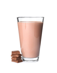 Glass with tasty chocolate milk on white background. Dairy drink
