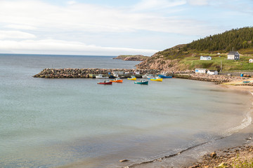 Boats in protected area of Fishing Village on Northern Coast of Nova Scotia Canada