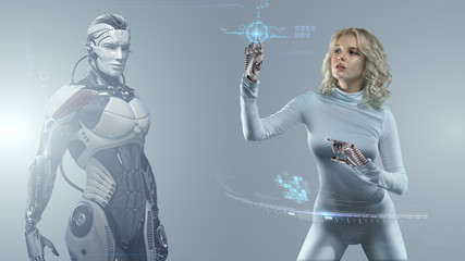 Blonde girl in futuristic suit manipulating virtual reality interface with robot