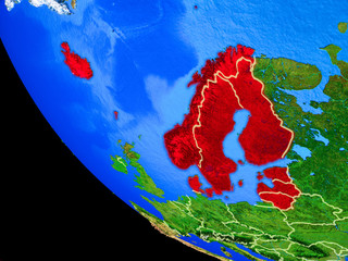Northern Europe on realistic model of planet Earth with country borders and very detailed planet surface.