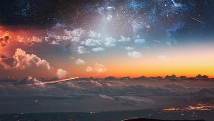 Futuristic photo landscape with trails of spaceships and sky full of stars