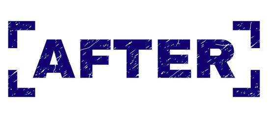 AFTER text seal stamp with distress texture. Text tag is placed between corners. Blue vector rubber print of AFTER with grunge texture.