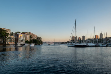 Fototapeta premium cruise ship passes in the distance with sunrise hitting waterfront apartments