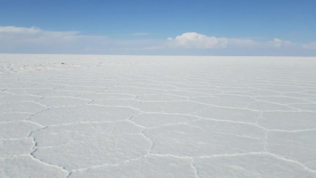 The Uyuni Salar in Bolivia. Close up video of the bright white hexagon salt flats. Uyuni, Potosi Bolivia.
