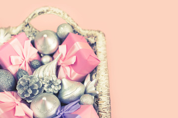 Festive basket with gifts and toys for Christmas Decorative items boxes decoration for the holiday