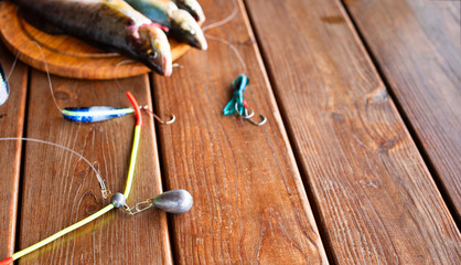 Banner catch of fresh sea fish lies on a cutting Board on a wooden table in the kitchen Selective...