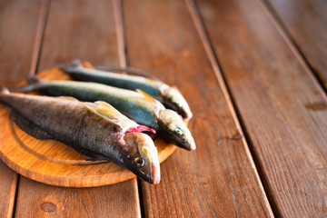 The catch of fresh sea fish lies on a cutting Board on a wooden table in the kitchen Selective...