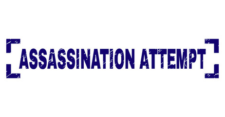 ASSASSINATION ATTEMPT label seal print with corroded texture. Text caption is placed between corners. Blue vector rubber print of ASSASSINATION ATTEMPT with corroded texture.