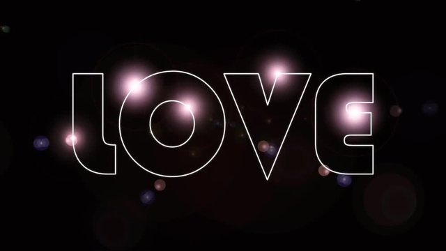 2D rendering illustration of the word "LOVE" with beautiful, flashy light stroke on a black background with alpha transparency