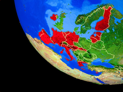 Eurozone member states on realistic model of planet Earth with country borders and very detailed planet surface.