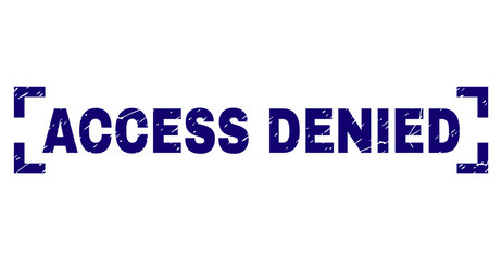 ACCESS DENIED tag seal print with corroded effect. Text tag is placed between corners. Blue vector rubber print of ACCESS DENIED with retro texture.