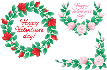 Set of ornate elements with roses for getting valentine card. Corner, garland and wreath with red and pink roses and lettering Happy valentine's day!