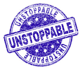 UNSTOPPABLE stamp seal imprint with grunge texture. Designed with rounded rectangles and circles. Blue vector rubber print of UNSTOPPABLE tag with retro texture.