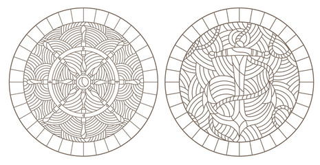 Set of contour illustrations of stained glass Windows on the marine theme, ship anchor with rope and steering wheel on the background of waves, dark contours on a white background
