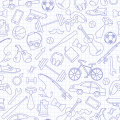 Seamless pattern on the theme of male Hobbies and habits,simple hand-drawn blue  contour  icons on the clean writing-book sheet in a cage